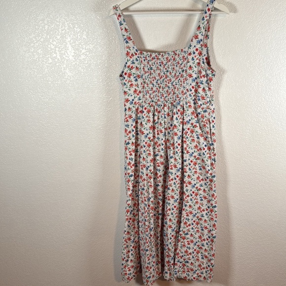 Old Navy Red White Blue Floral Linen Sweetheart Dress Smocked Back Midi Size LG - Picture 6 of 10